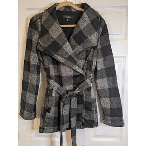 Coffee Shop New York Women's L Black Gray Plaid Belted Moto Jacket Zip Coat